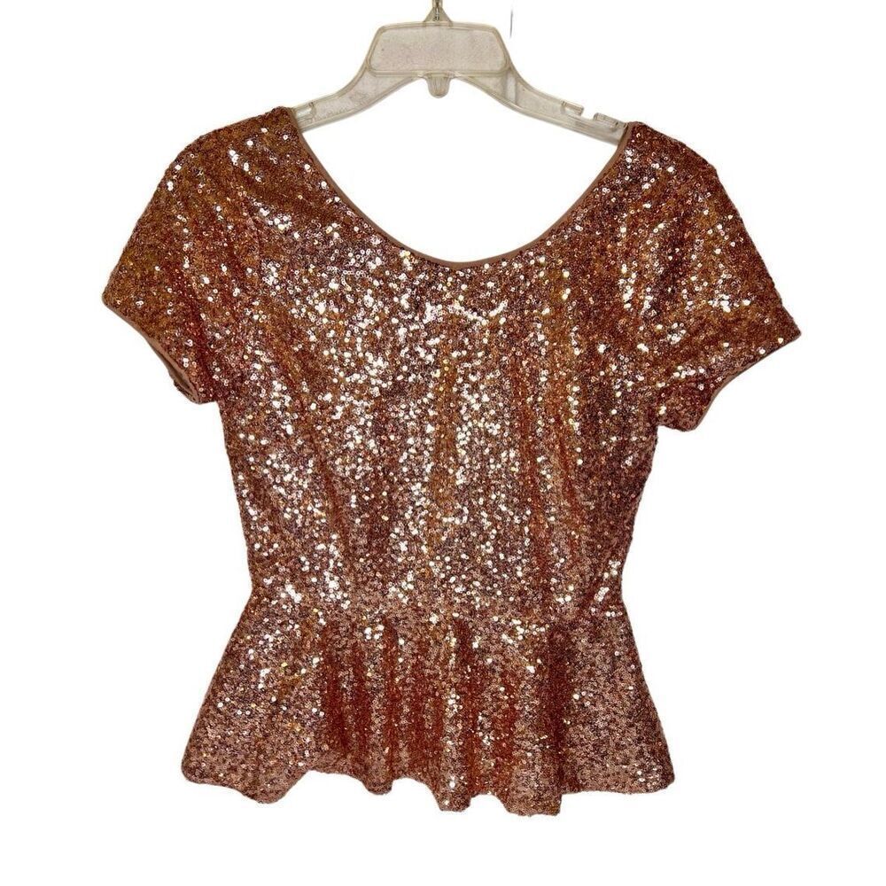 Forever 21 Rose Gold Sequin Lined Peplum Top Sz Μedium Actress Wore on TV Show